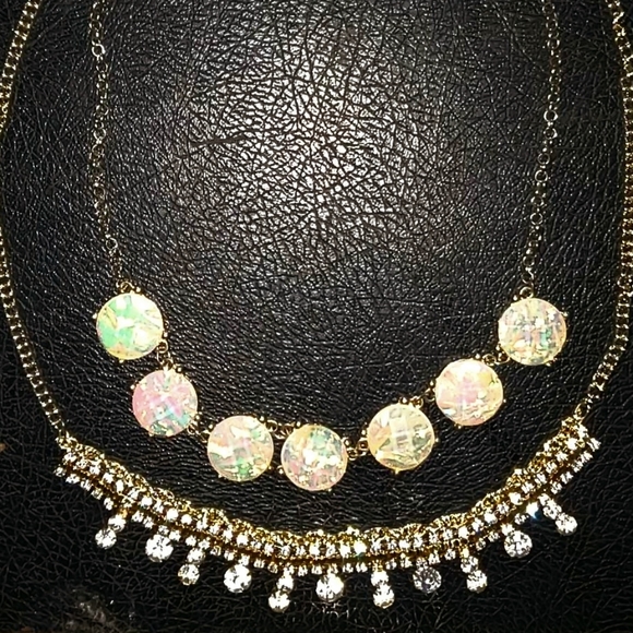 Double Strand Necklace Mexican Opal & Crystal Rhinestones on Gold Tone Chains - Picture 2 of 9